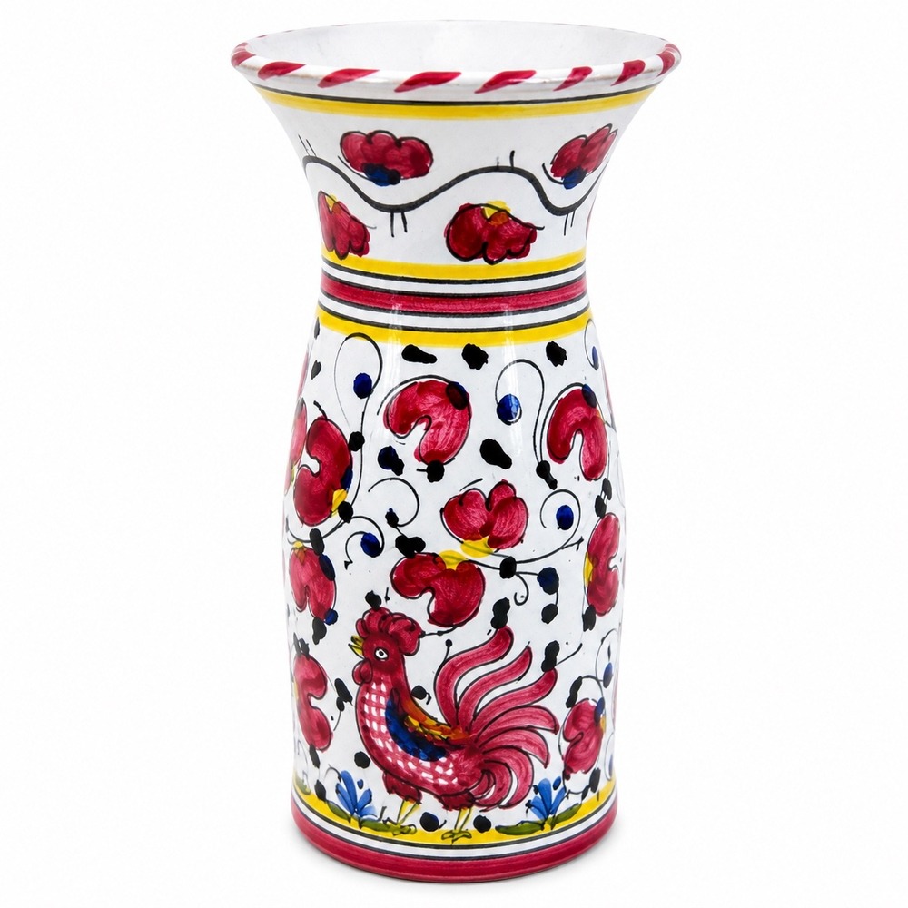 Deruta Italy Hand Painted Rooster Ceramic Vase Red Floral Majolica 7.25 Inch